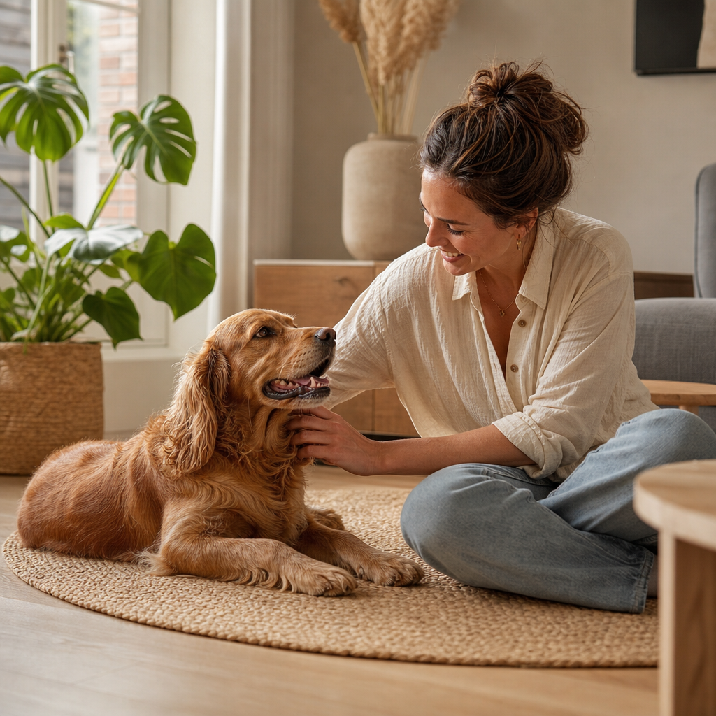 Vrouw en hond in een warm, rustig moment