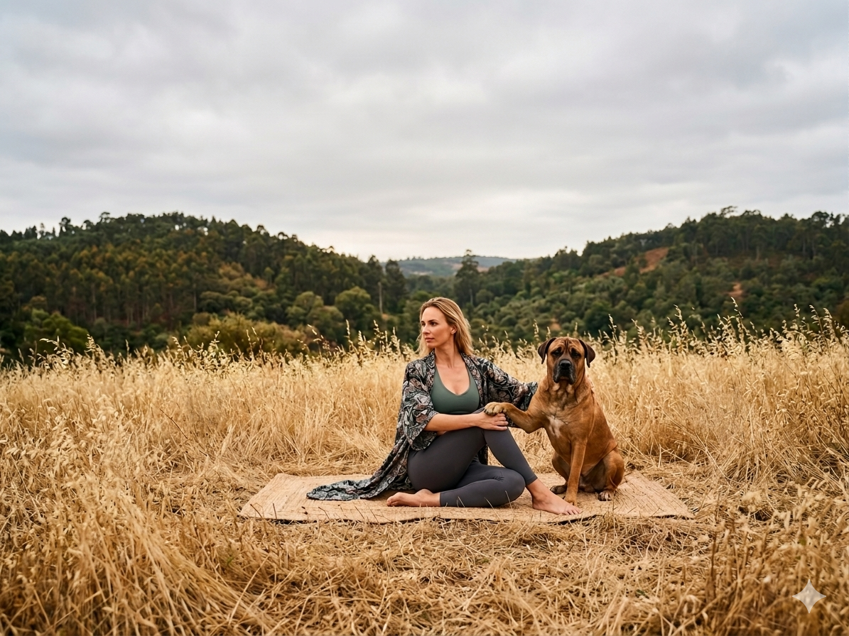 Vrouw en hond in rustige verbinding in de natuur